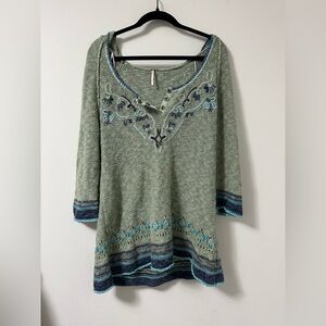 Embroidered Knit Sweater with Button Detail